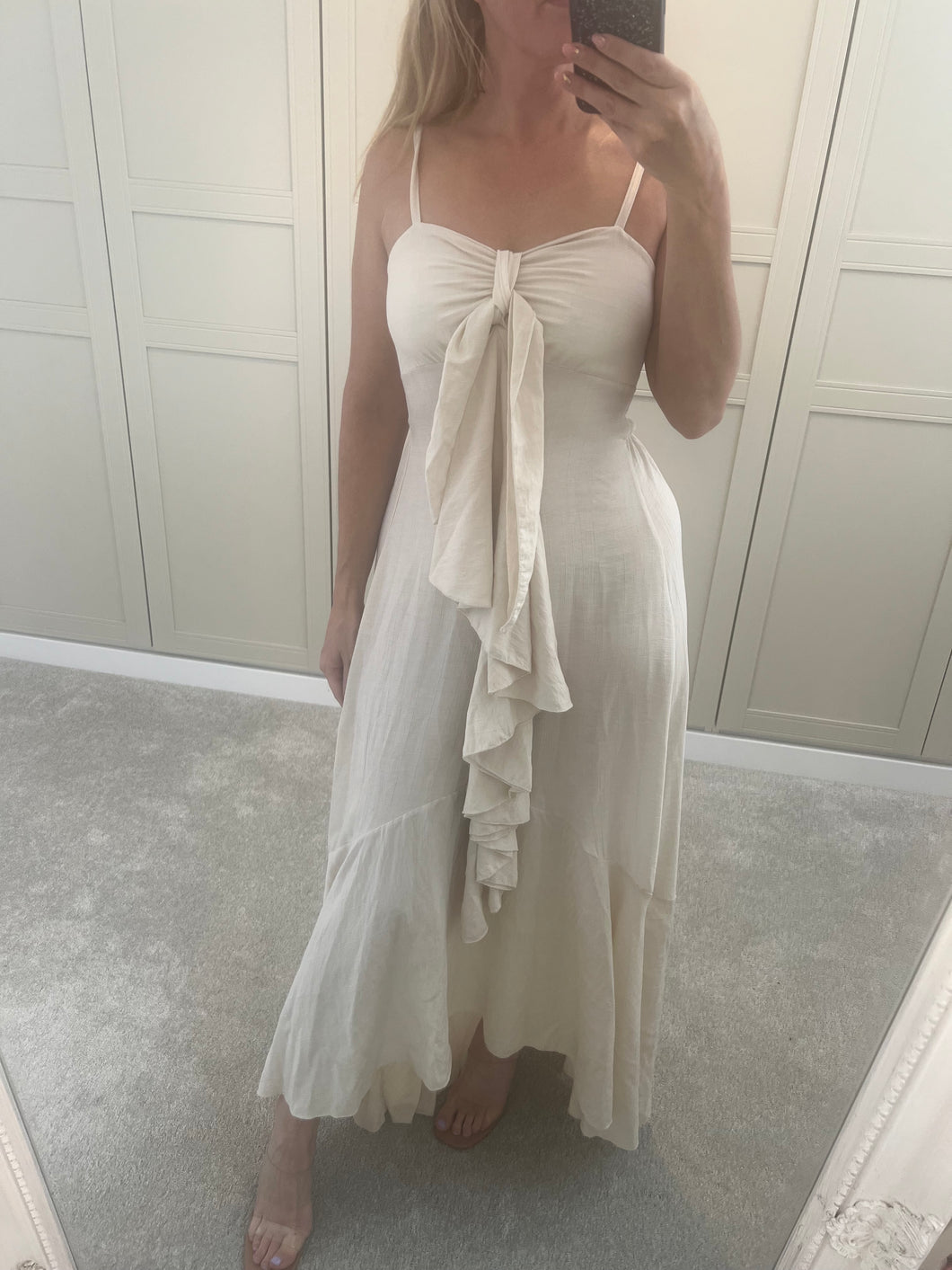 Beige frill bow maxi dress