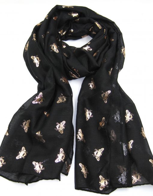 Black Glitter Bee Printed Scarf