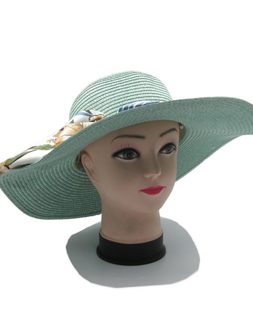 Mint green straw hat with floral tie