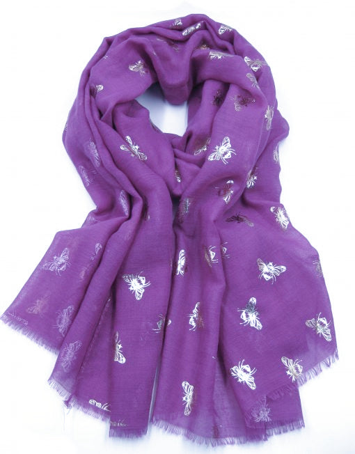 Purple Glitter Bee Printed Scarf