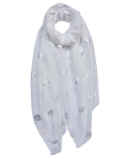 White Silver Foil Leaves Print Scarf