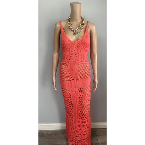 Coral crochet maxi dress bikini cover up