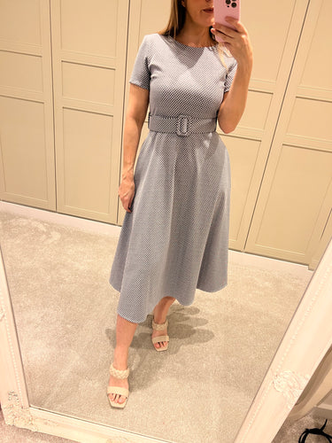 Blue belted patterned dress