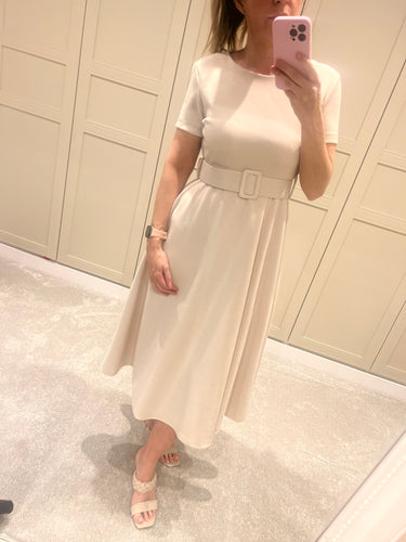 Beige belted midi dress
