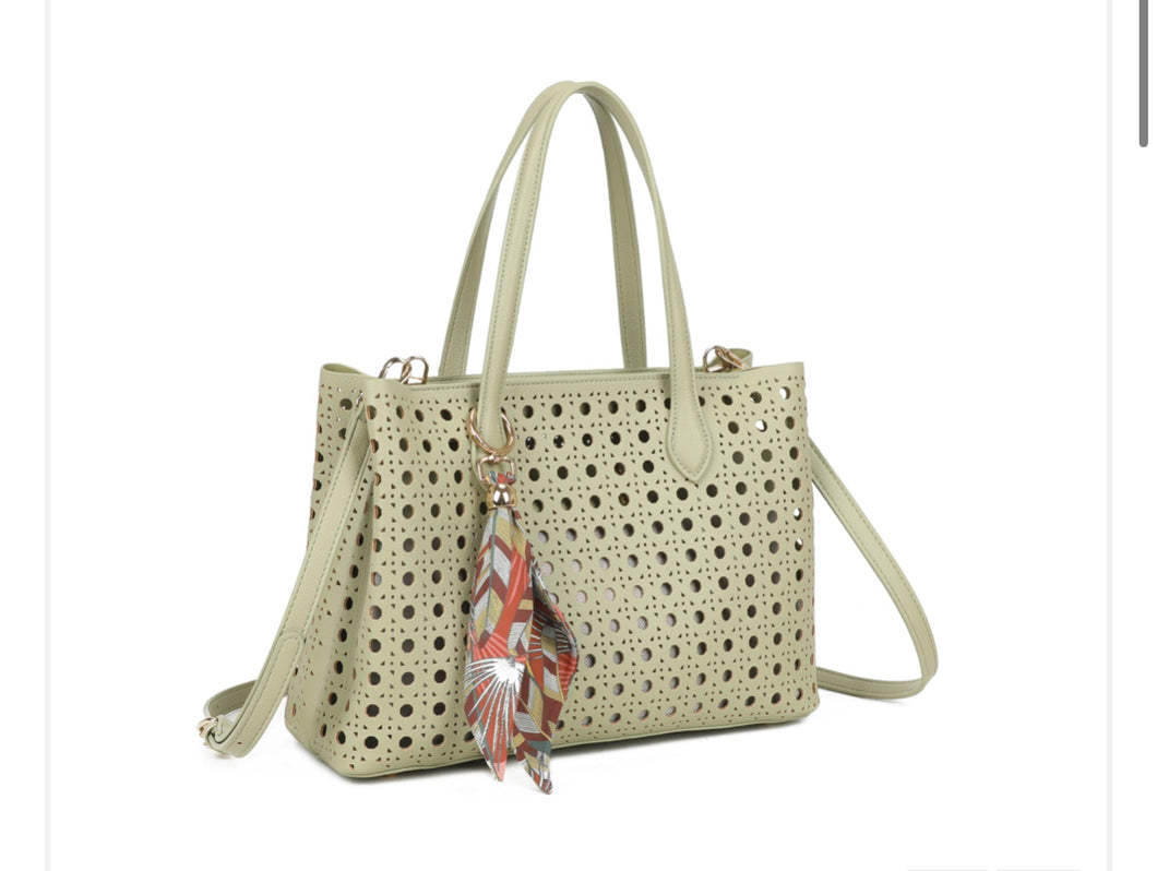 Sage green laser cut handbag with scarf