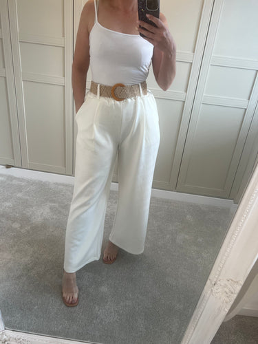 Cream belted wide leg trousers