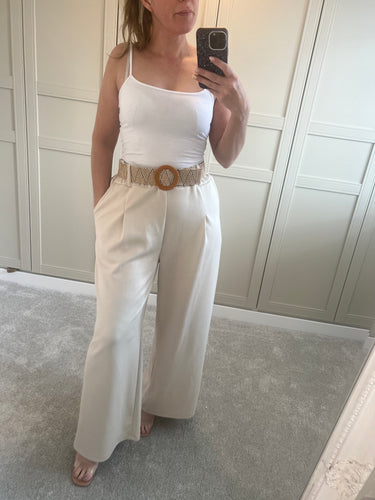 Beige wide leg belted trousers