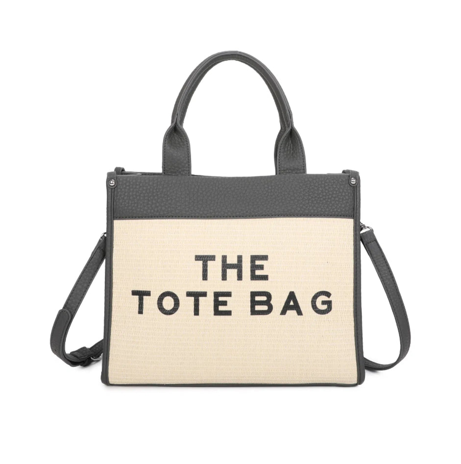 grey and straw tote bag