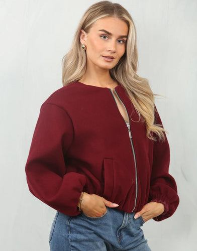 Wine red bubble hem zip up jacket