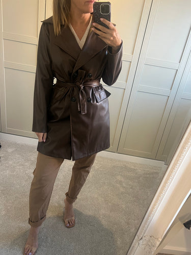 Chocolate brown leather look trench coat
