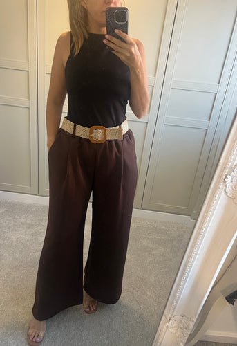 Chocolate wide leg belted trousers