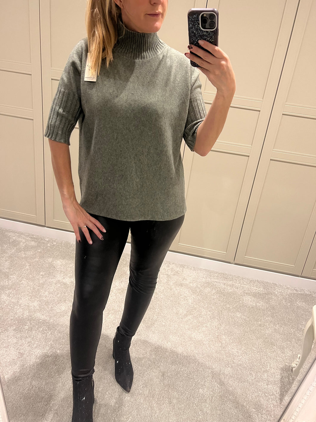 Khaki green ribbed polo neck jumper