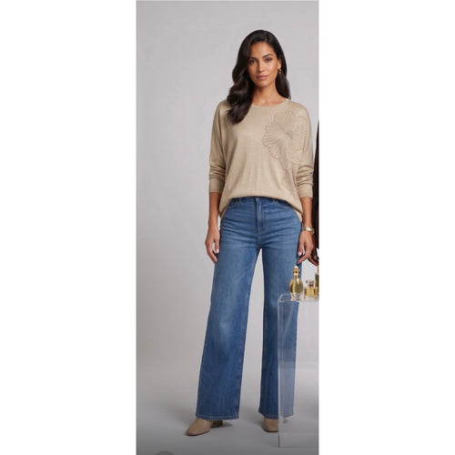 Oatmeal long line jumper with flower details