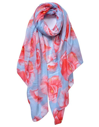 Light Blue Big Poppy Print Scarf
