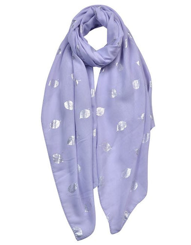 Lilac Silver Foil Leaves Print Scarf