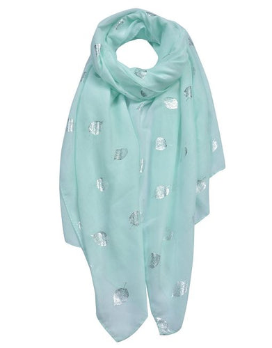 Mint Green Silver Foil Leaves Print Scarf