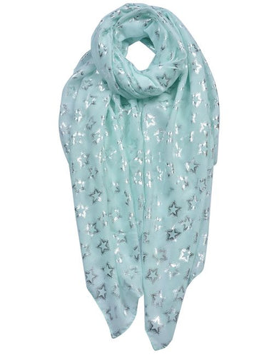 Mint Green Star Silver Foil Print Scarf
