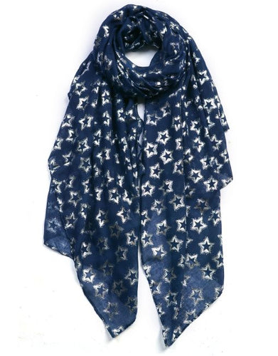 Navy Star Silver Foil Print Scarf