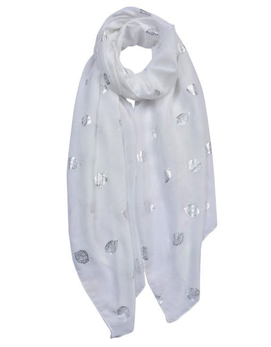 White Silver Foil Leaves Print Scarf